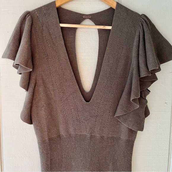 FREE PEOPLE Cozy Nights Sweater Mini Dress with Flutter Sleeves in Dark Grey Siz - Picture 3 of 7